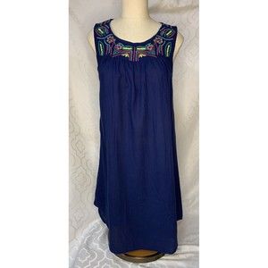Jasmine & Ginger Navy Dress Scoop Back Embroidered Detail All Cotton Size L